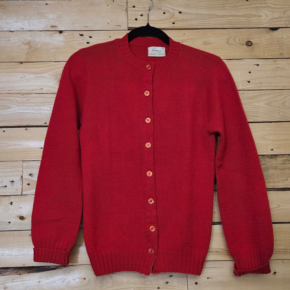 Vintage Penneys Red 100% Wool Cardigan Sweater Button Front‎ Crew Neck  34